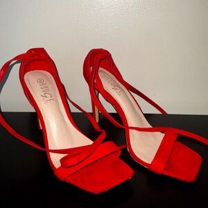 Red Strapped Suede Heels